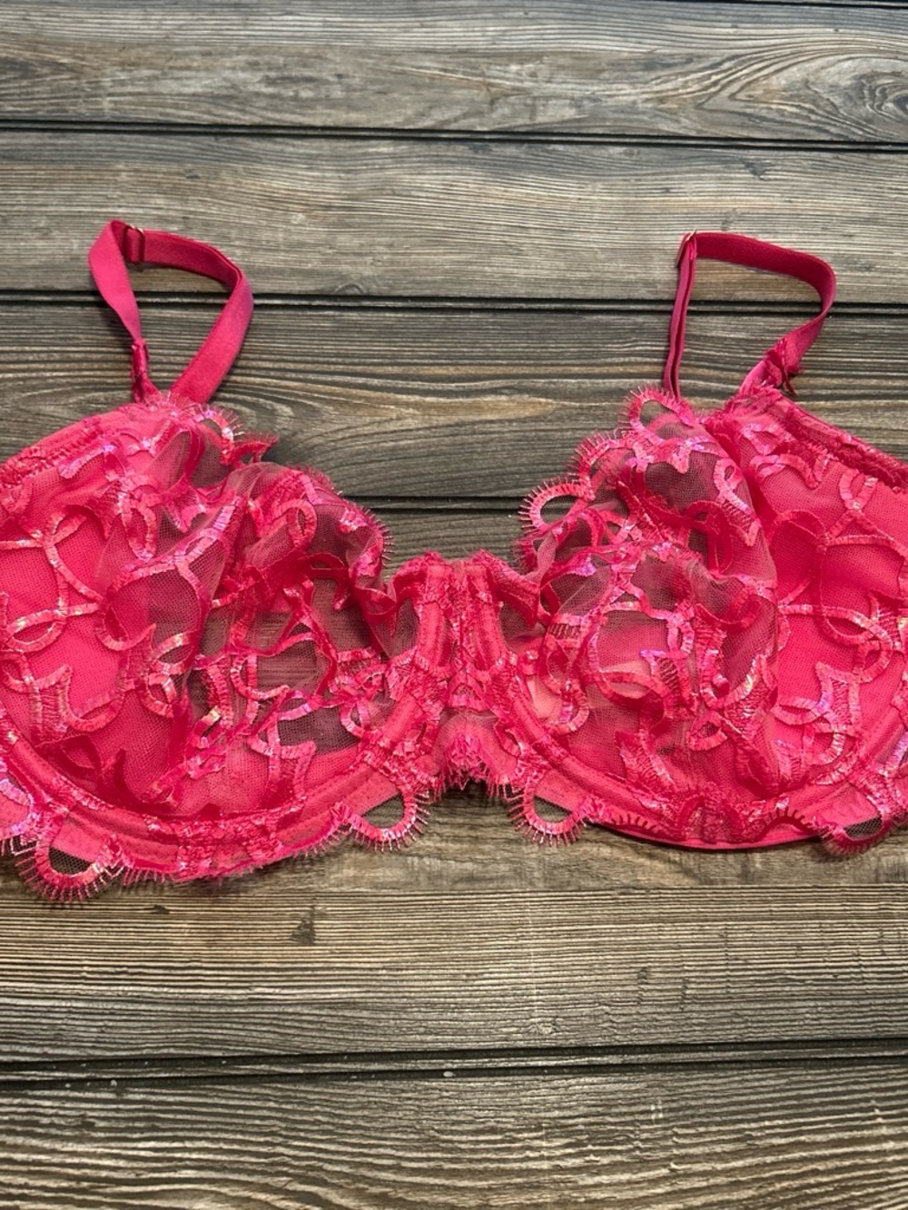 Victoria's Secret Sheer Embroidered Lace Underwire Bra - Hot Pink